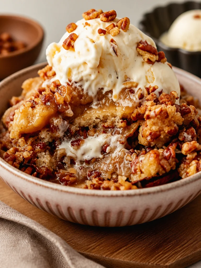 Cobbler de nuez de pecán y bourbon con caramelo salado y crema de vainilla