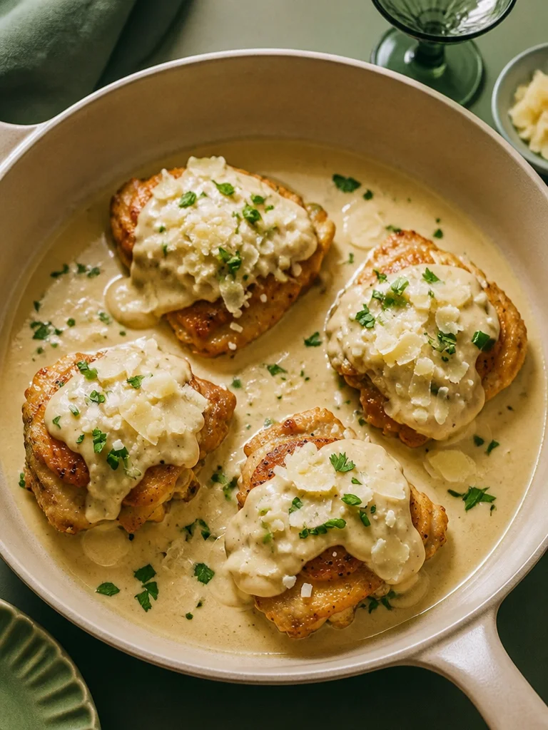 Muslos de pollo al ajo cremoso en una sartén con hierbas frescas