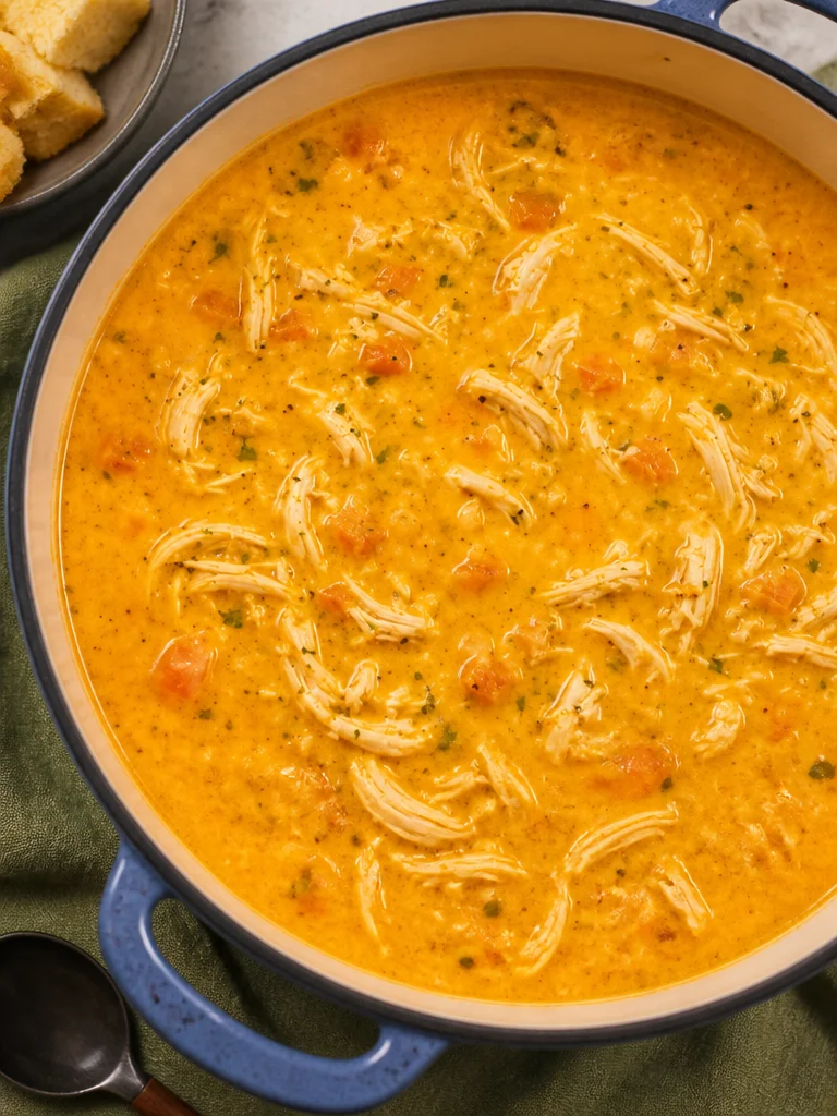Sopa cremosa de pollo y calabaza alta en proteínas