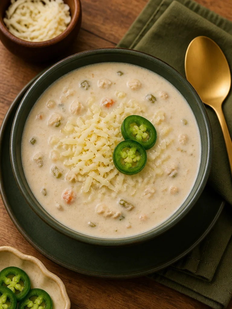 Tazón de chili blanco cremoso con pollo y frijoles.