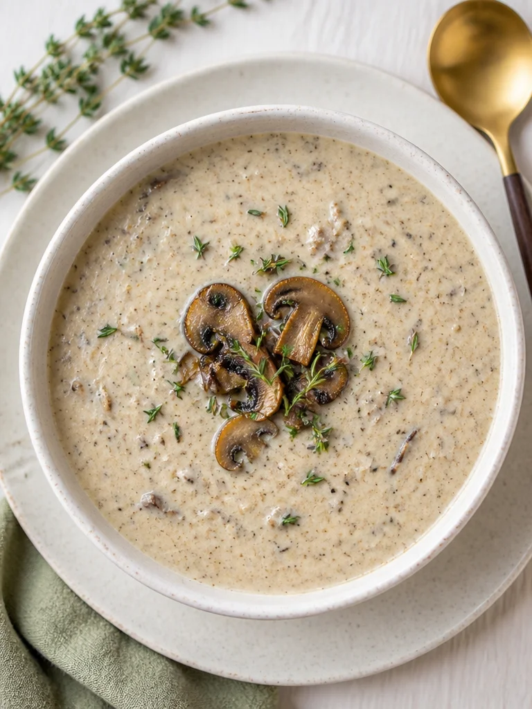 Tazón de crema de champiñones caliente y cremoso