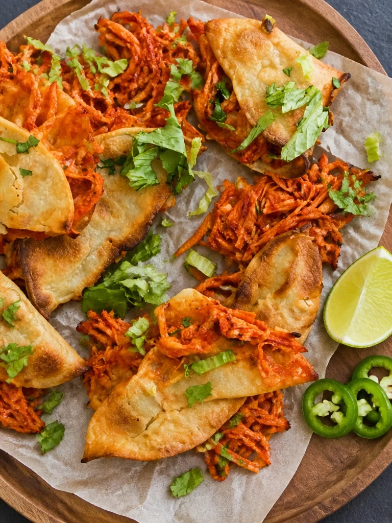 Tacos de pollo al horno crujientes servidos en un plato colorido