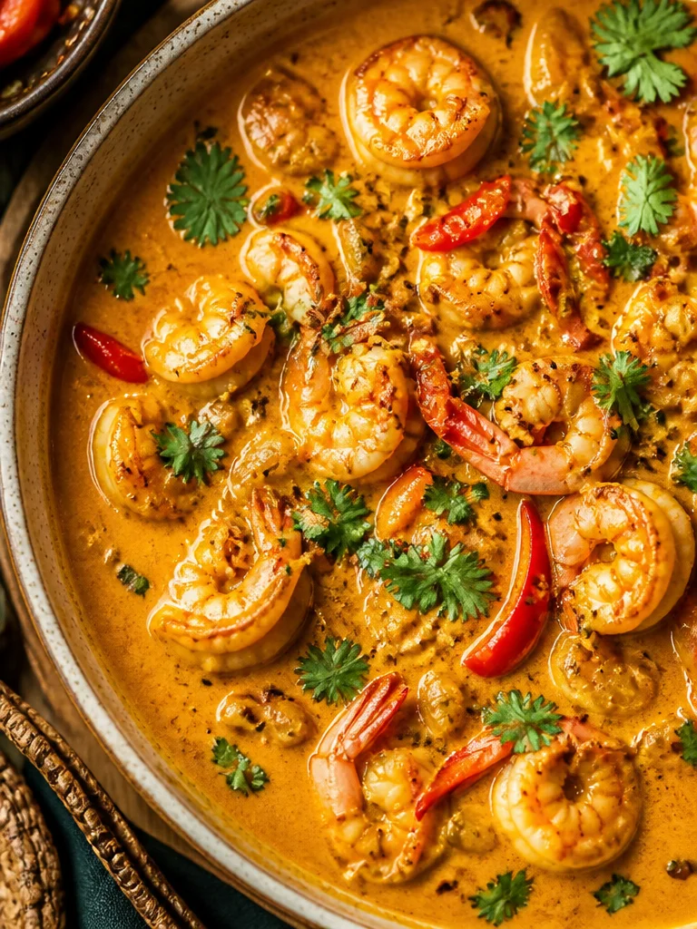 Curry de camarones tailandés con coco en un plato atractivo