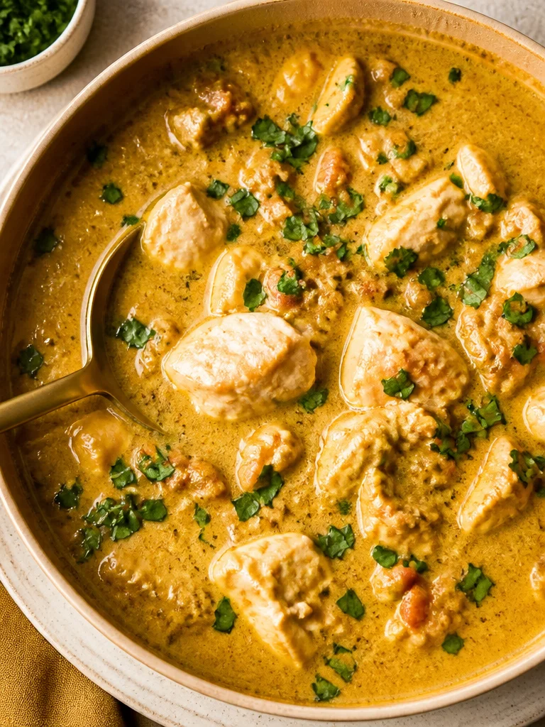 Curry de pollo cocinado en olla a presión, receta fácil y rápida.