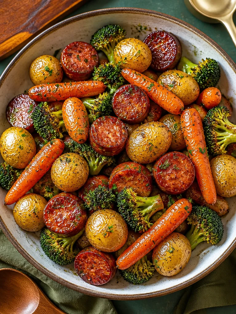 Salchicha de miel y ajo cocinada con verduras en una sartén.
