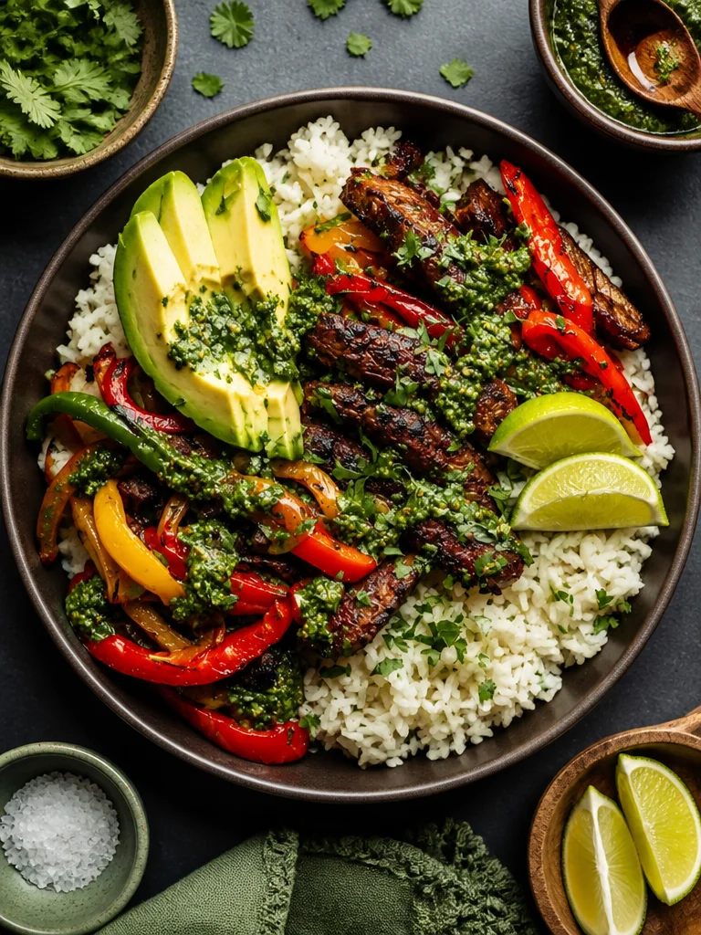 Tazón de carne ahumada con verduras frescas y arroz