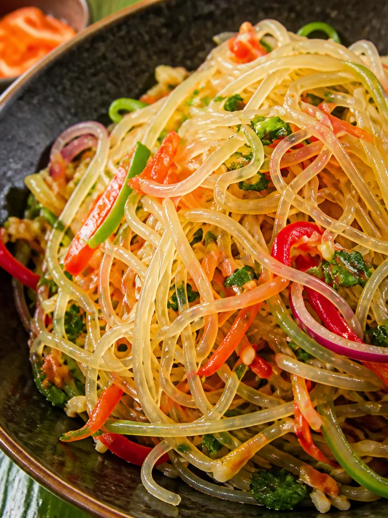 Ensalada de fideos sin cocinar con aderezo picante y coloridos vegetales