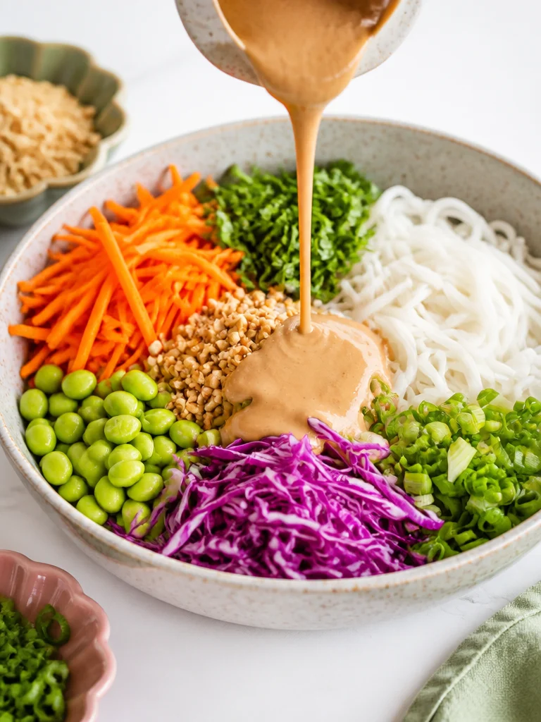 Ensalada de fideos tailandeses con cacahuate colorida y fresca