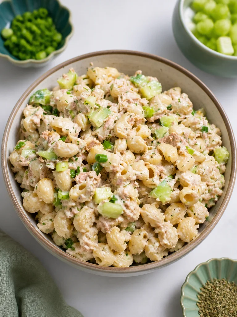 Ensalada de pasta con atún y pepinillos en un tazón colorido