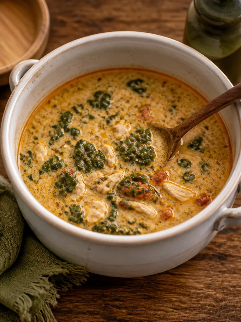 Sopa cremosa de pollo a la Toscana, un platillo reconfortante en un tazón