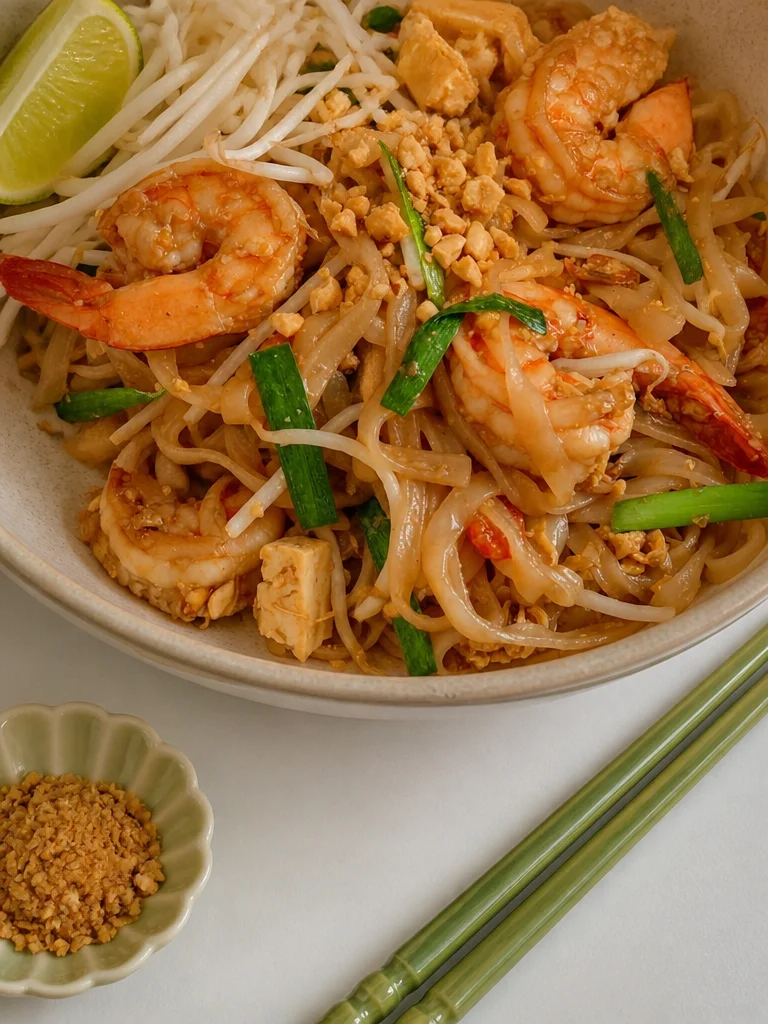 Plato de Fácil Pad Thai de Camarones, preparado en 30 minutos.