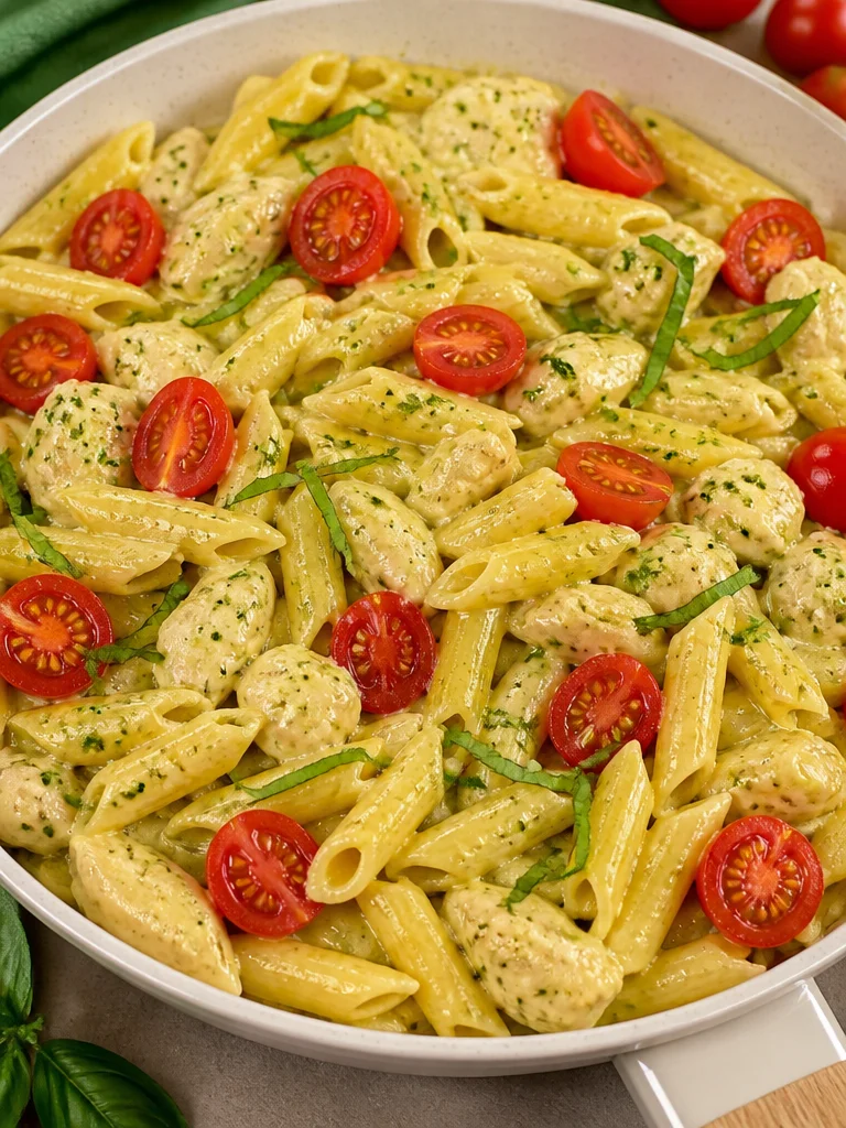 Plato de pasta de pollo con pesto, ideal para la cena fácil y rápida.