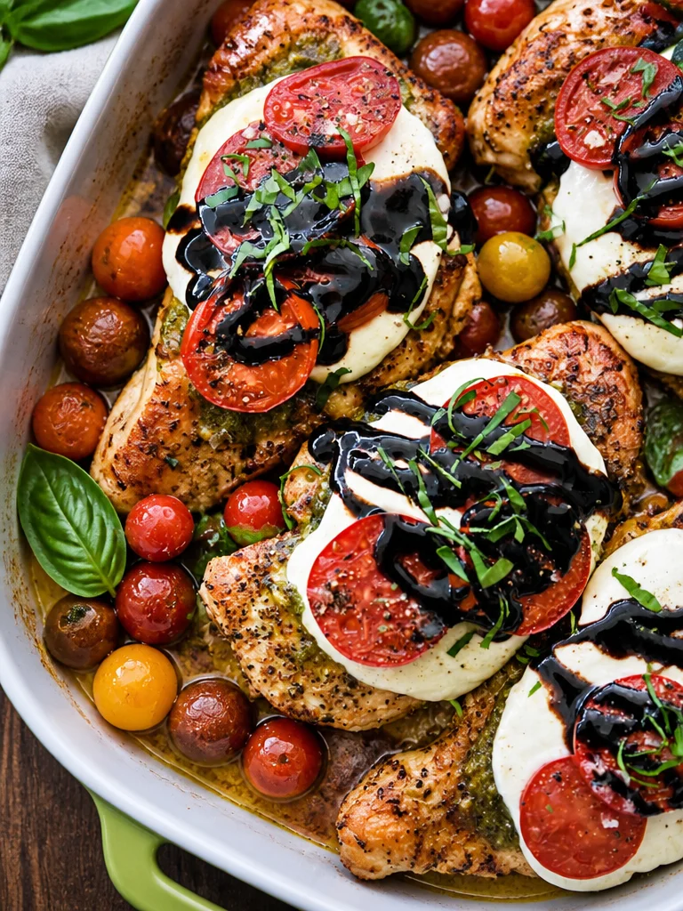 Pollo caprese en sartén con tomates, albahaca y queso mozzarella.