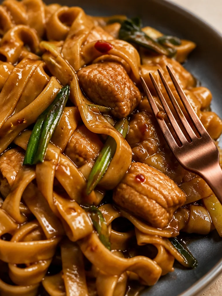 Plato de fideos borrachos (Pad Kee Mao) servido en un tazón