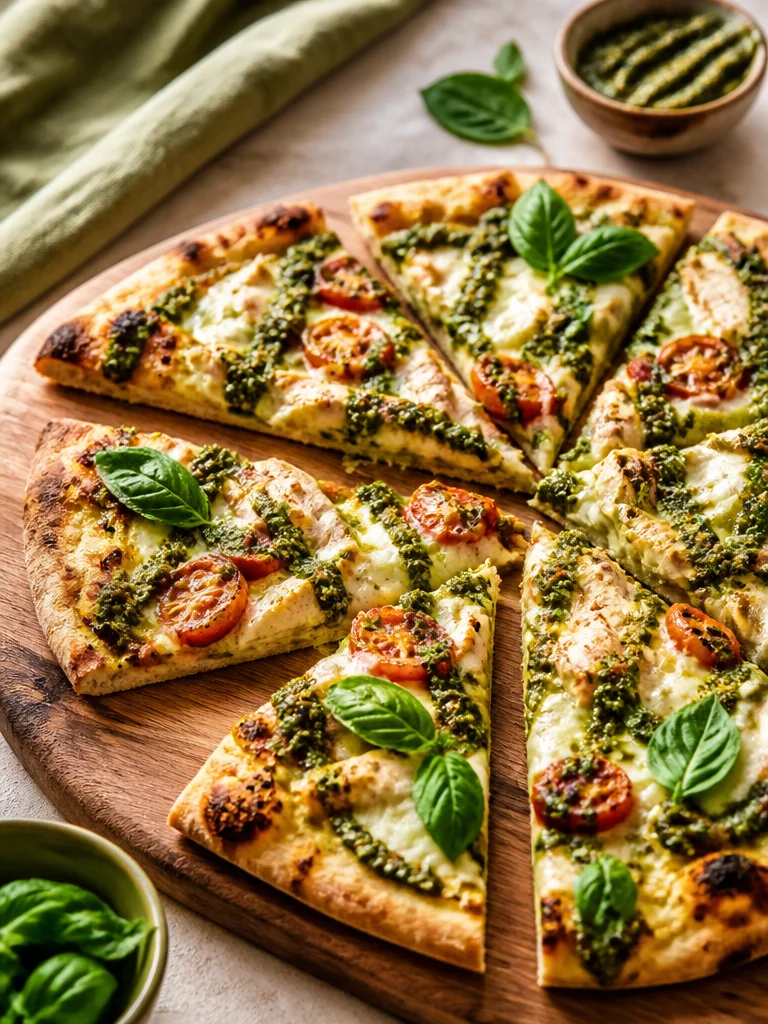 Flatbread de pollo pesto con ingredientes frescos y sabrosos.