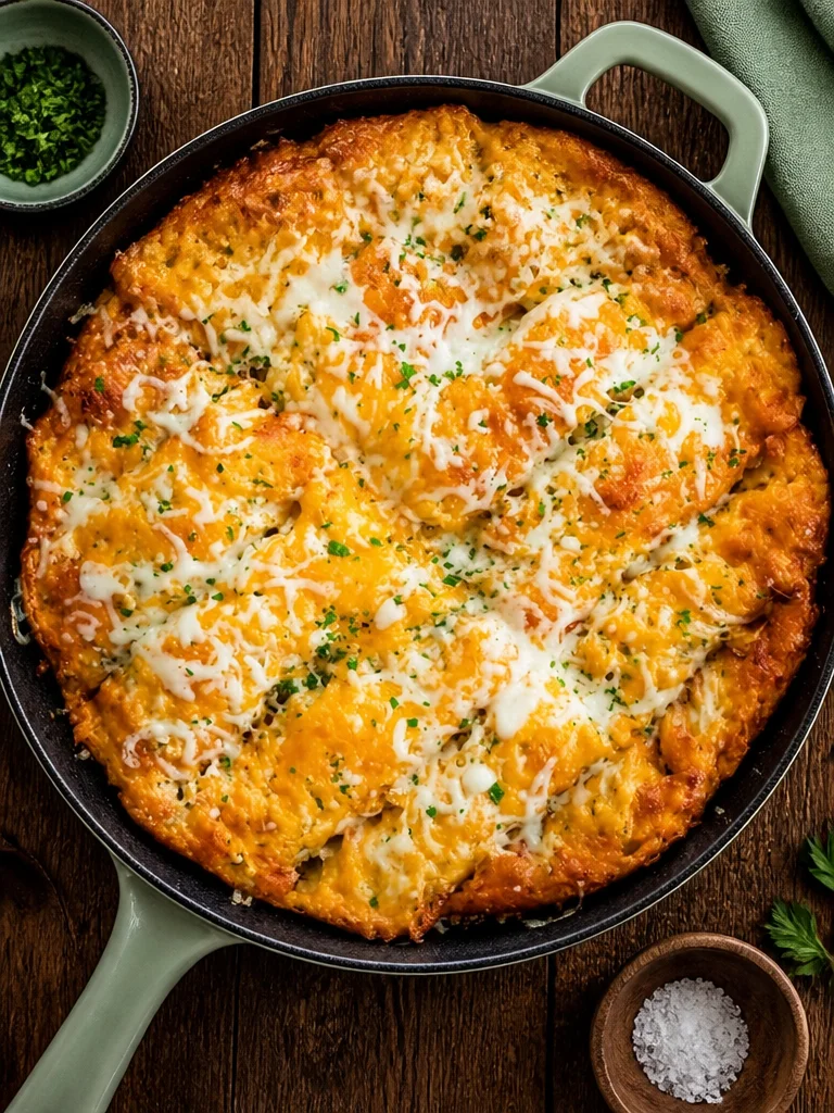 Focaccia de pan de ajo queso recién horneada en un plato.