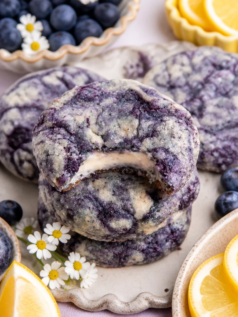 Galletas de cheesecake de limón y arándano recién horneadas