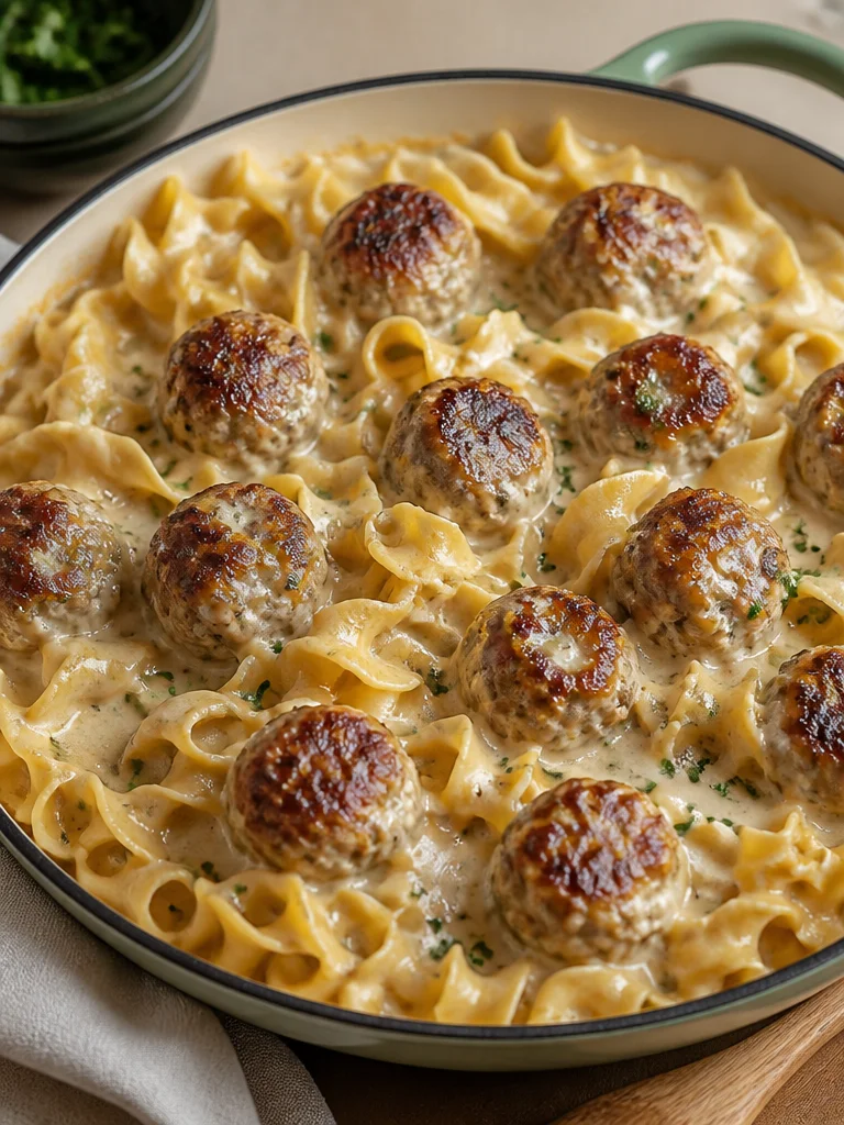 Horno de pasta con albóndigas suecas listo para servir.