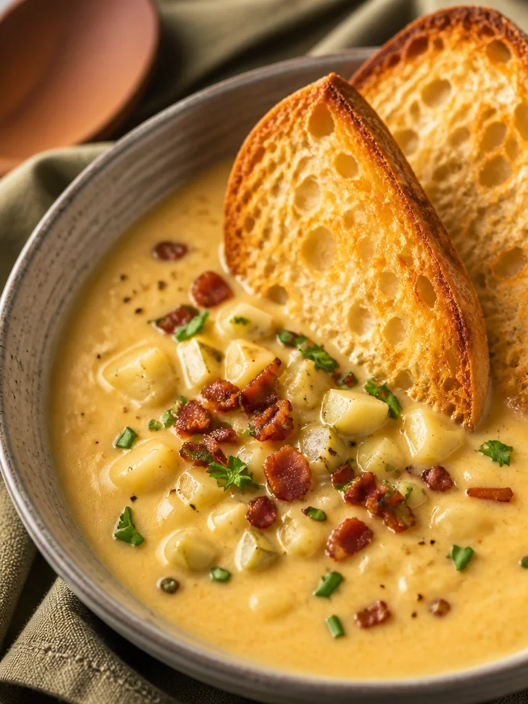 Una deliciosa sopa de cheeseburger servida en un tazón con ingredientes frescos