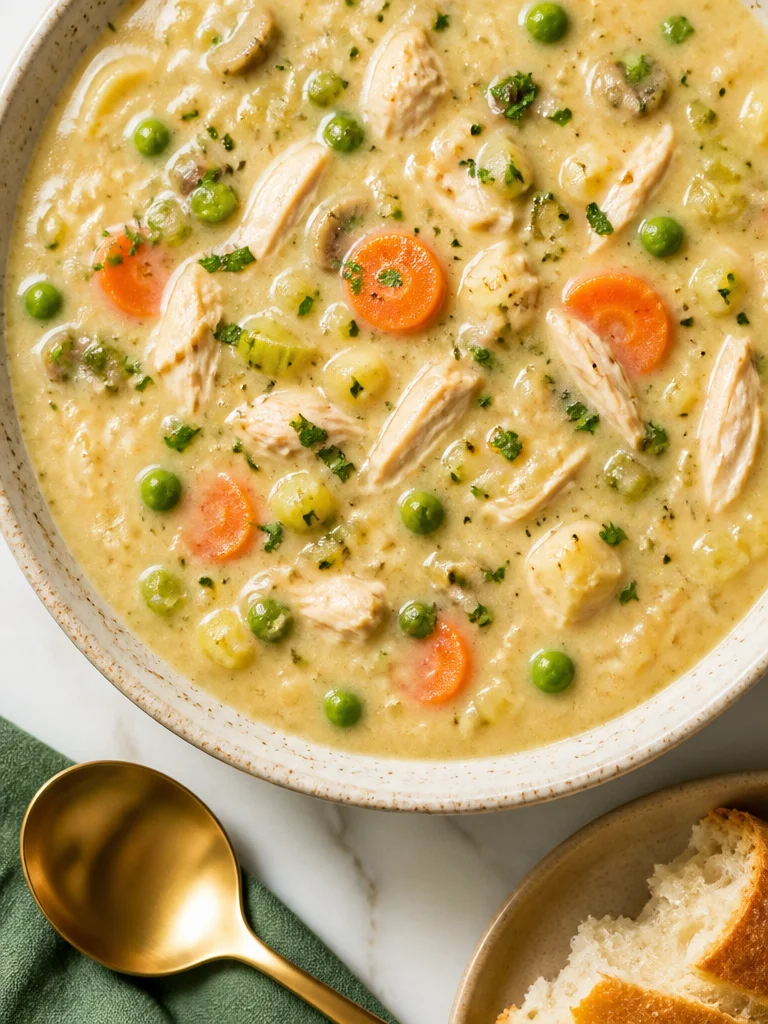 Sopa de pollo casera servida con pastel de pollo