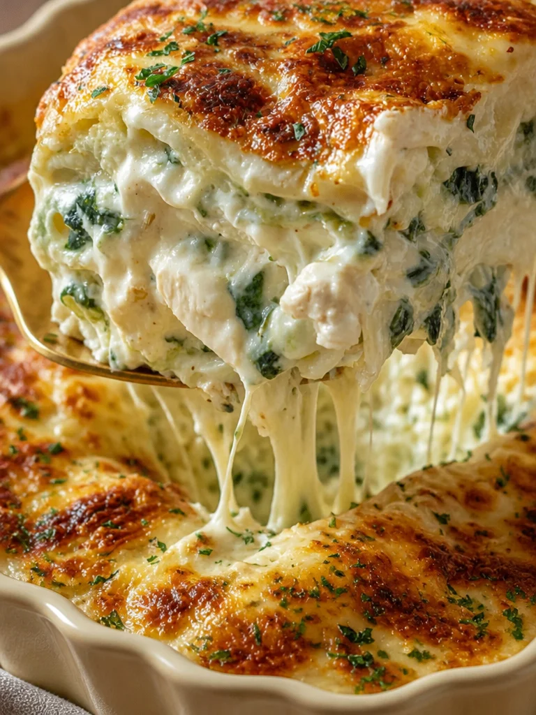 Lasaña de Pollo Alfredo servida en un plato blanco con salsa cremosa