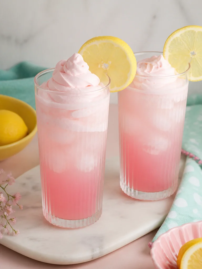Vaso de Limonada Rosa Batida decorado con frutas frescas