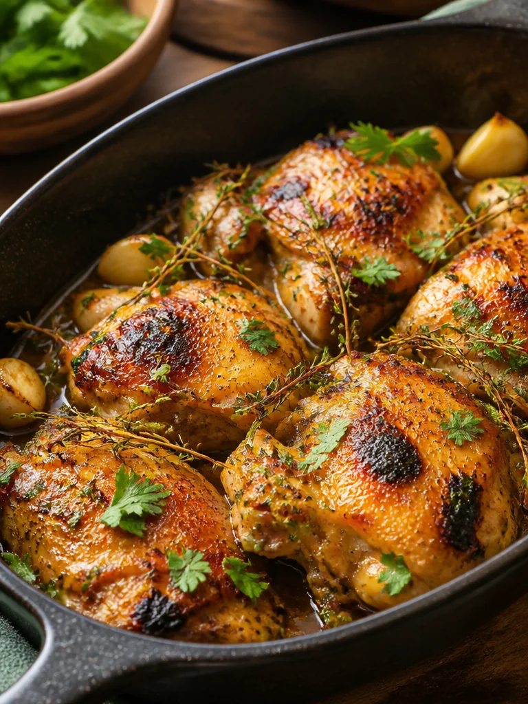 Muslos de pollo al horno mediterráneos con especias y verduras saludables.