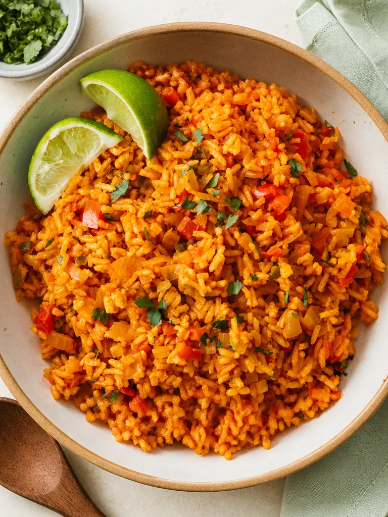 Plato de arroz mexicano recién preparado con ingredientes frescos