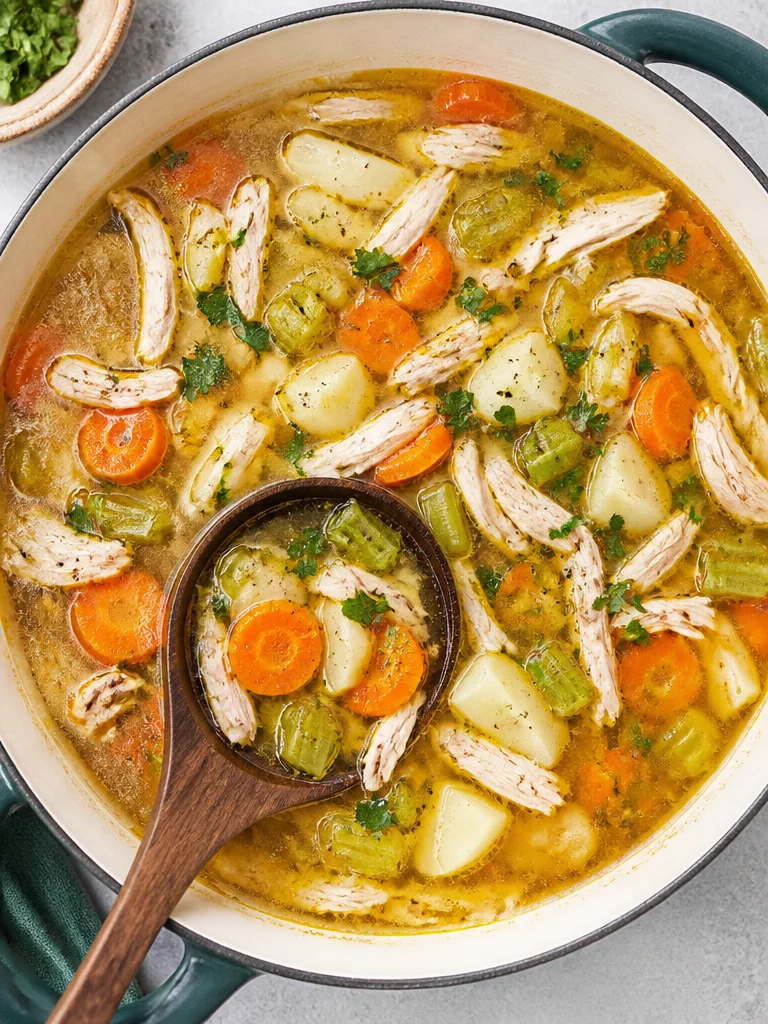 Plato de sopa de pollo casera con verduras frescas y fideos