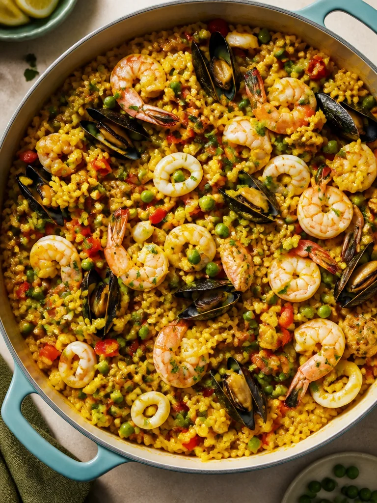 Paella tradicional española con mariscos y verduras