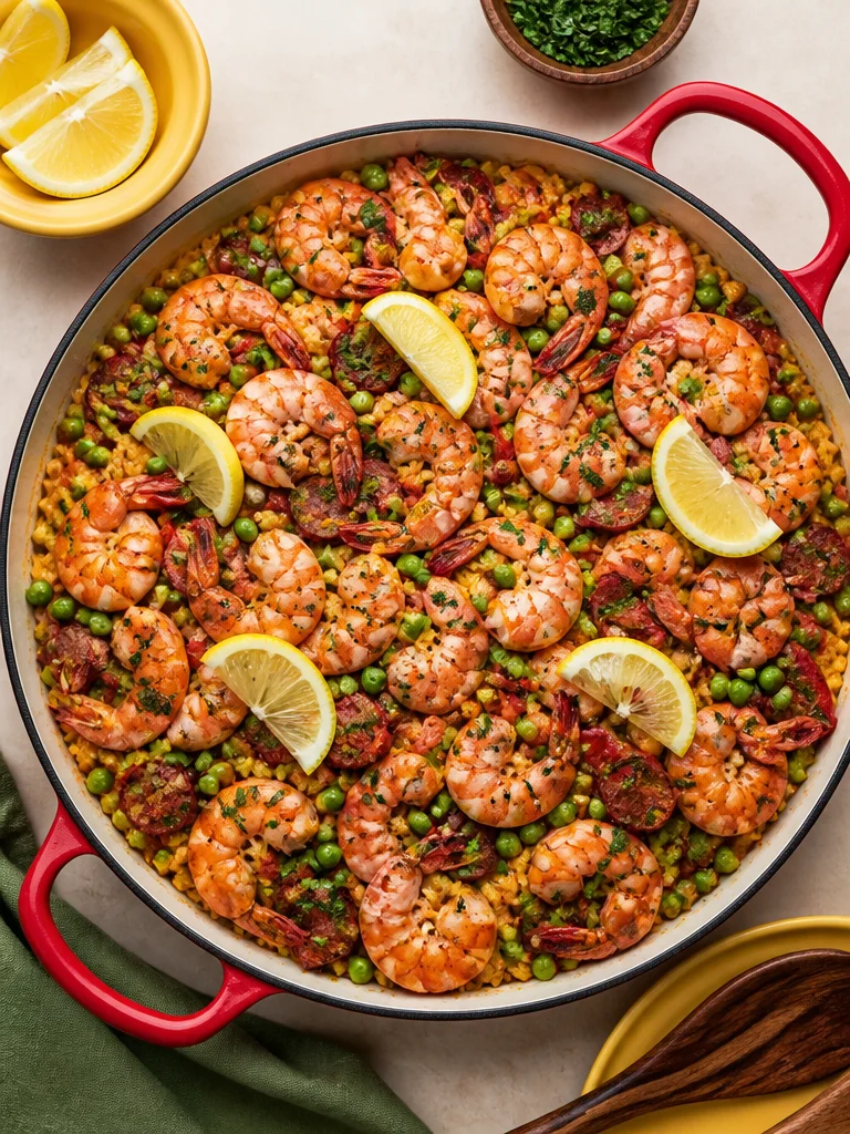 Paella de pollo, chorizo y camarones en un plato atractivo