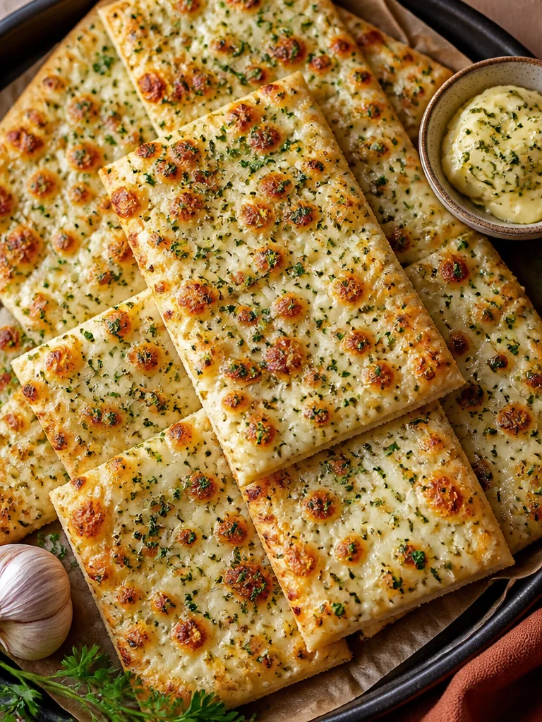 Palitos de pan de ajo con queso recién horneados y crujientes