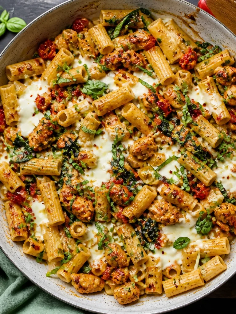 Receta de pasta al horno con pollo al pesto en una bandeja lista para servir.