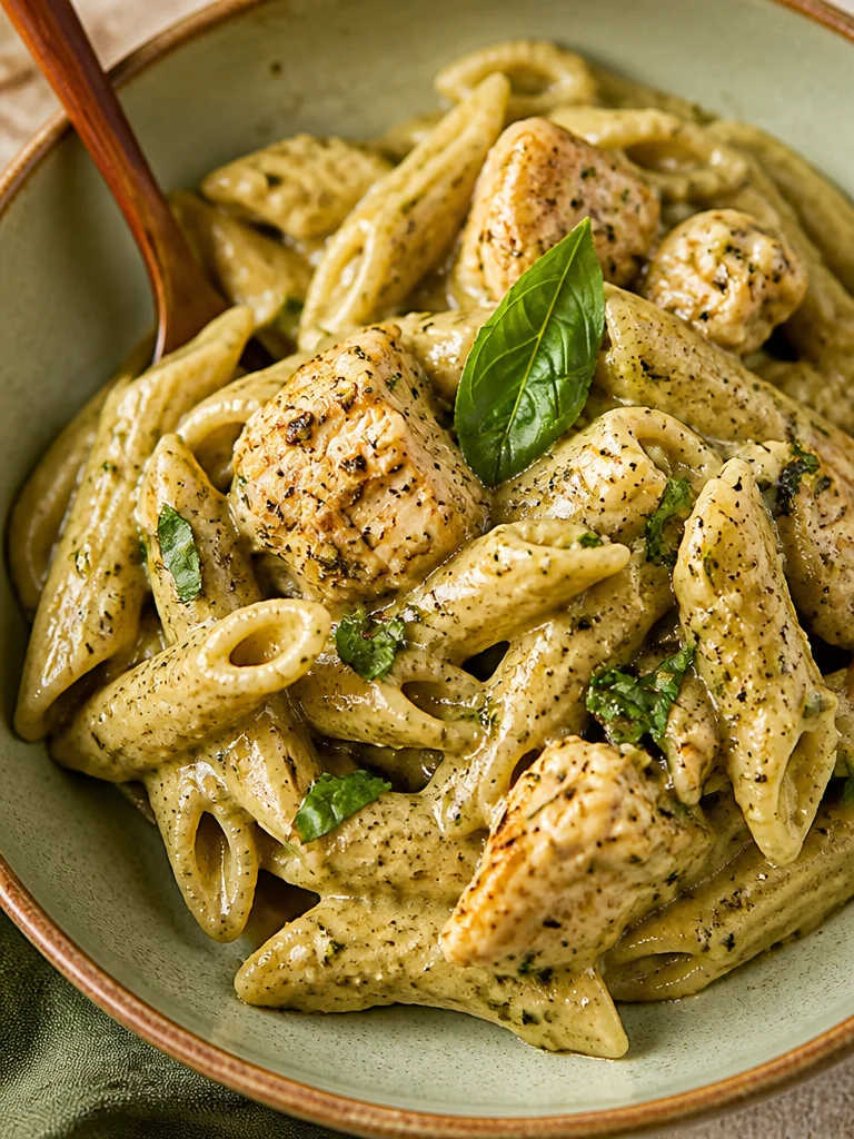 Plato de Pasta con Pollo Cremoso y Pesto presentado elegantemente