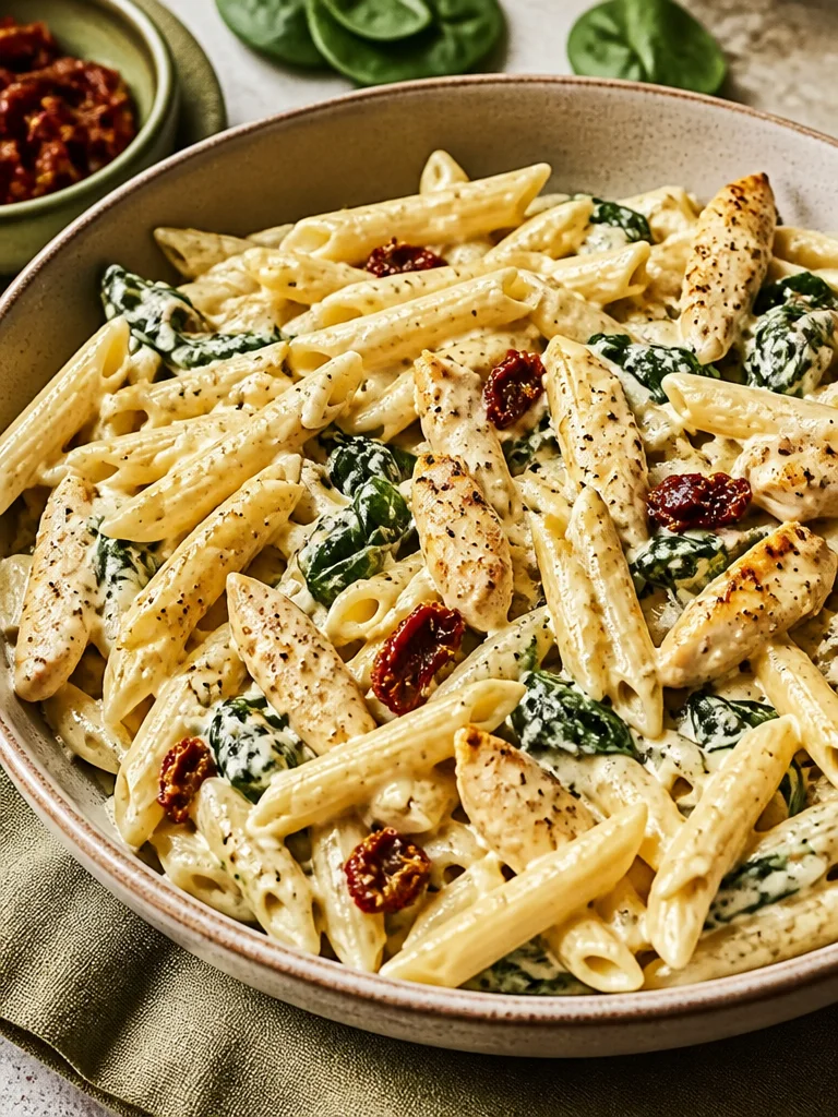 Plato de Pasta con Pollo en Pesto Cremoso de Albahaca