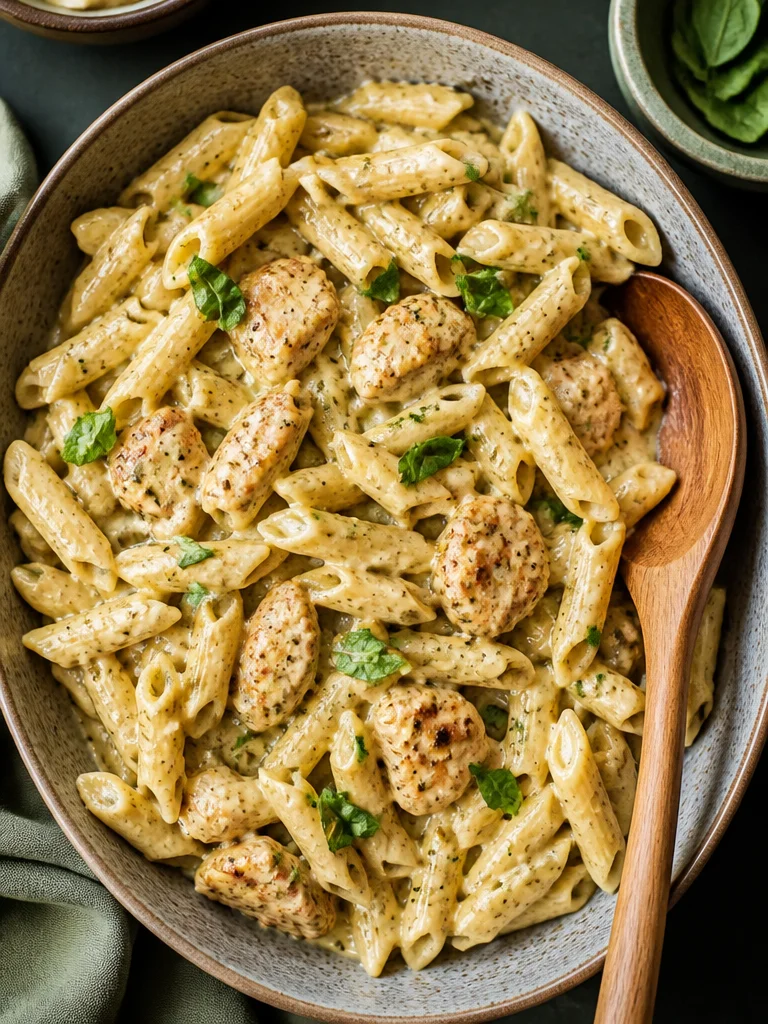 Pasta con Pollo Pesto Cremoso en un plato gourmet