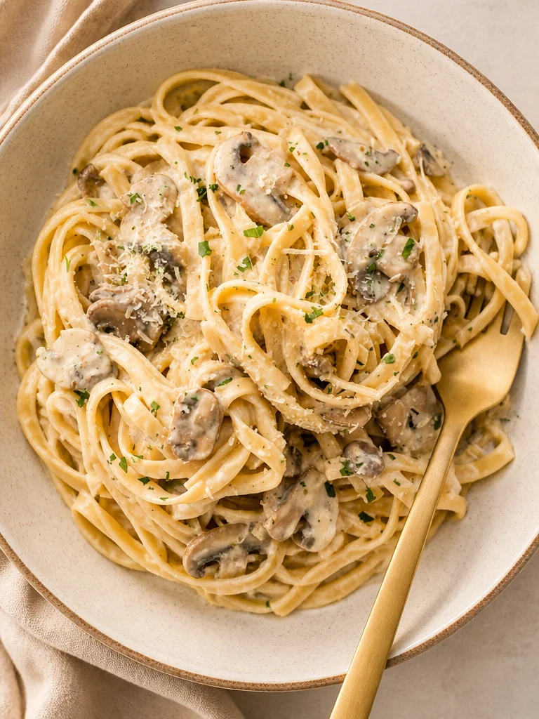 Plato de Pasta con Salsa de Crema de Champiñones, versión deliciosa y cremosa.