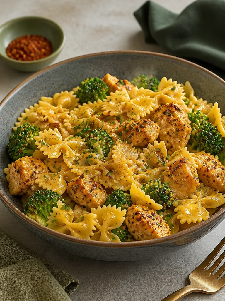Plato de pasta cremosa de pollo con salsa rica y sabrosa