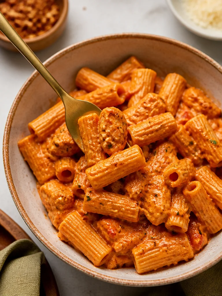 Plato de Pasta de pollo, cásate conmigo, servido con fresco parmesano y hierbas.