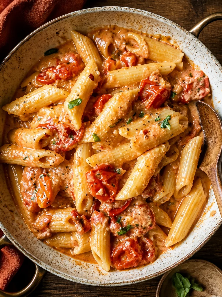 Plato de pasta de tomate y ricotta listo para servir en 15 minutos.