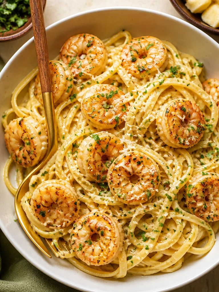 Pasta en salsa de ajo crema con camarones jugosos y sabrosos
