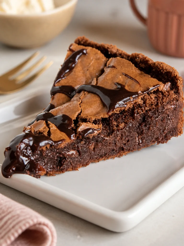 Pastel de brownie pegajoso recién horneado, con un acabado brillante y húmedo.