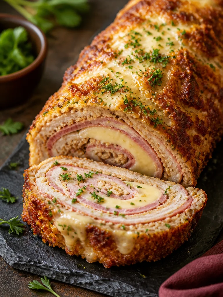 Delicioso pastel de carne Cordon Bleu de pollo recién horneado