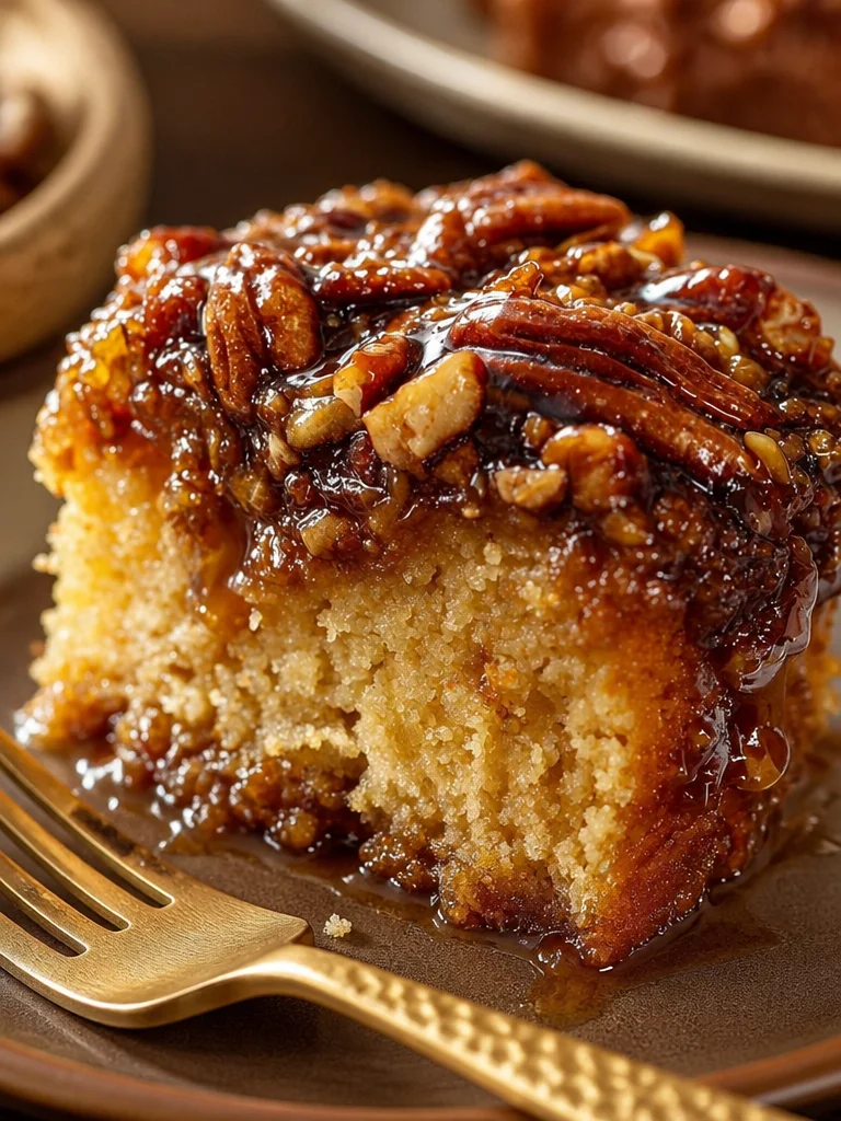 Pastel de Pecan Invertido recién horneado con nueces y caramelo