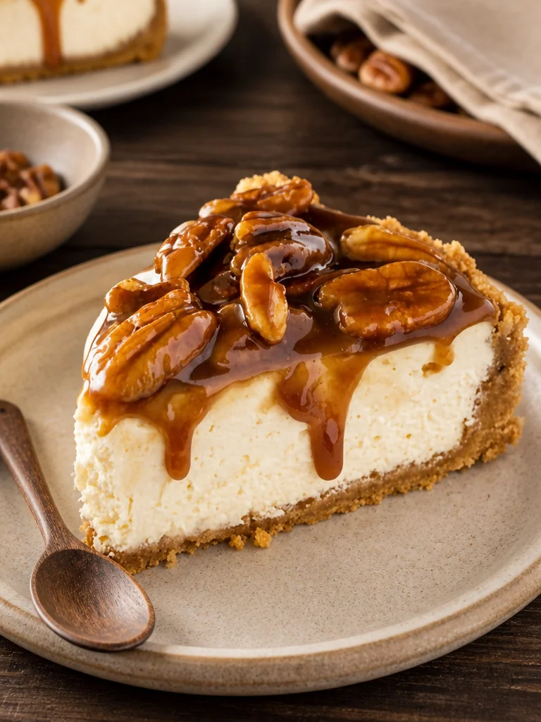 Pastel de Queso de Pecan Pie con pecanas en la parte superior