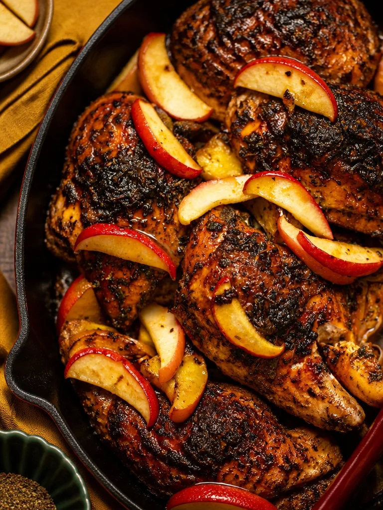 Pechugas de pollo al horno con manzana y miel Dijon en plato atractivo.