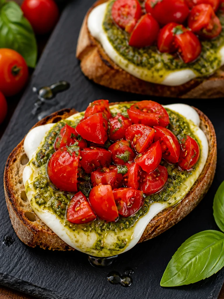 Plato de Pollo Bruschetta con Pesto decorado con albahaca fresca