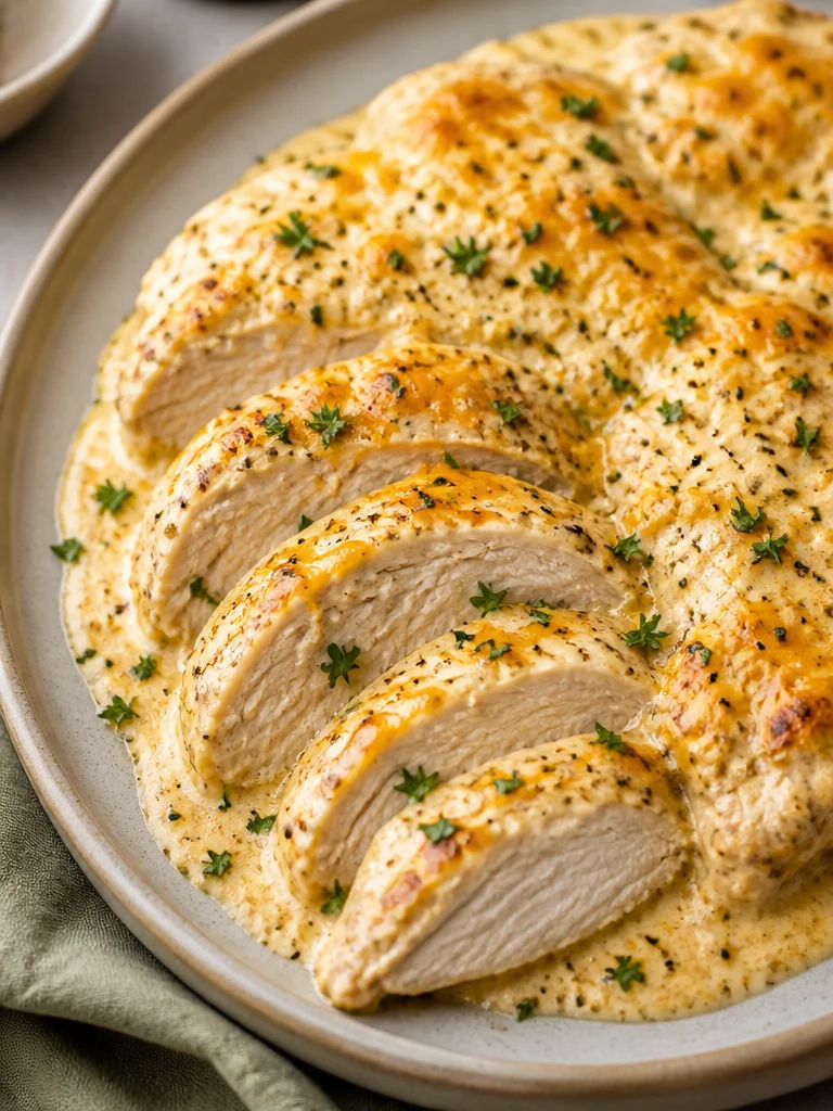 Plato de pollo con crema agria sofocada servido en un tazón.