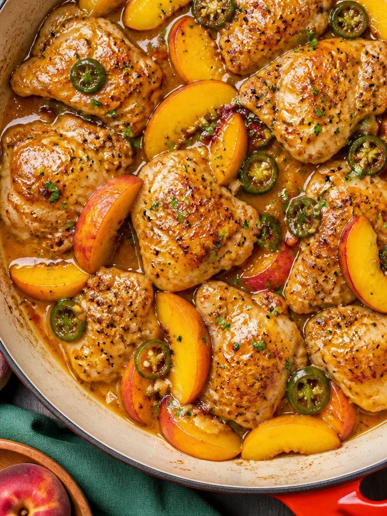 Plato de Pollo con Jalapeños y Duraznos, un festín picante y dulce.