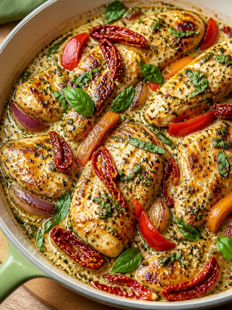 Plato de pollo con pesto de ajo cremoso, ideal para una cena deliciosa.